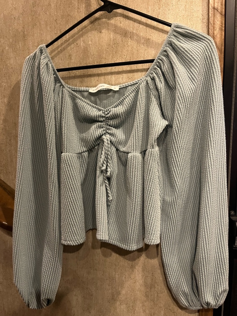 Altar'd State Slate Blue Ribbed Ruched Peplum Blouse